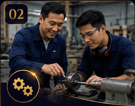 Vocational trainer guiding a technical learner